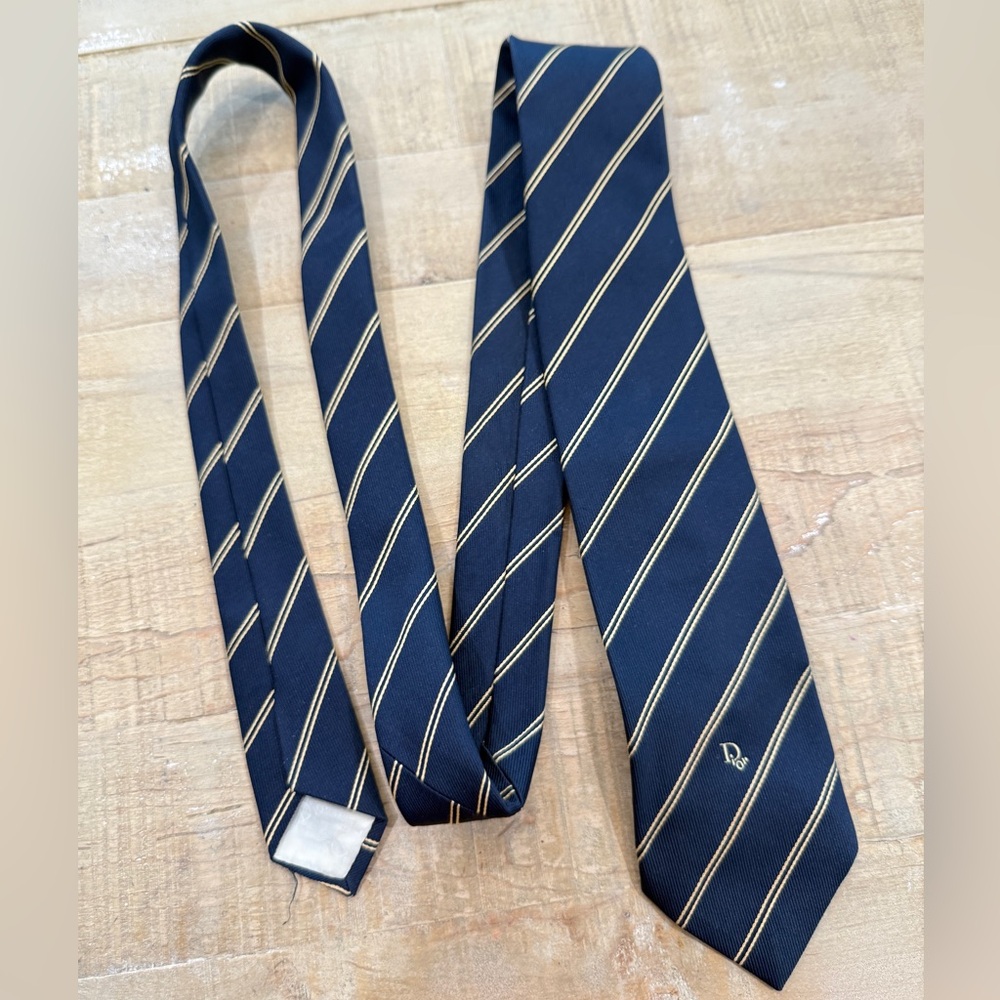 Vintage Christian Dior men’s navy blue striped silk neck tie